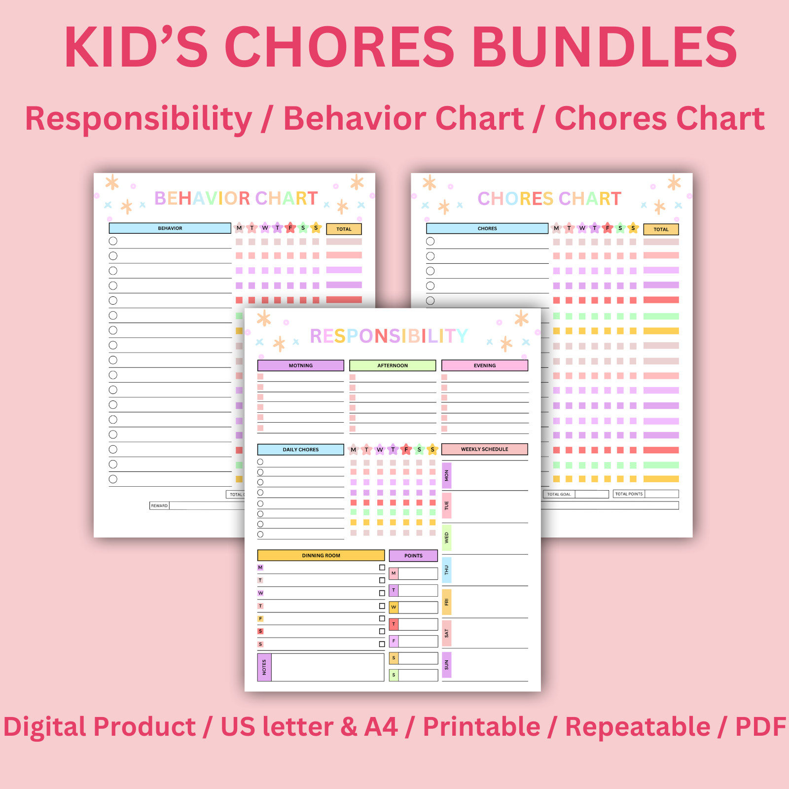 Digital | Responsibility, Behavior, Chores Editable Kids Chart Bundle PDF