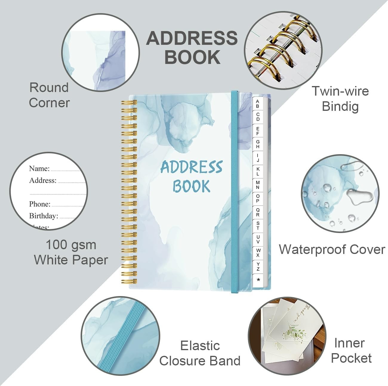 Book with Tabs, Spiral Contacts, Dates, Phone, Password, 4.3″ x 6.2″, Blue