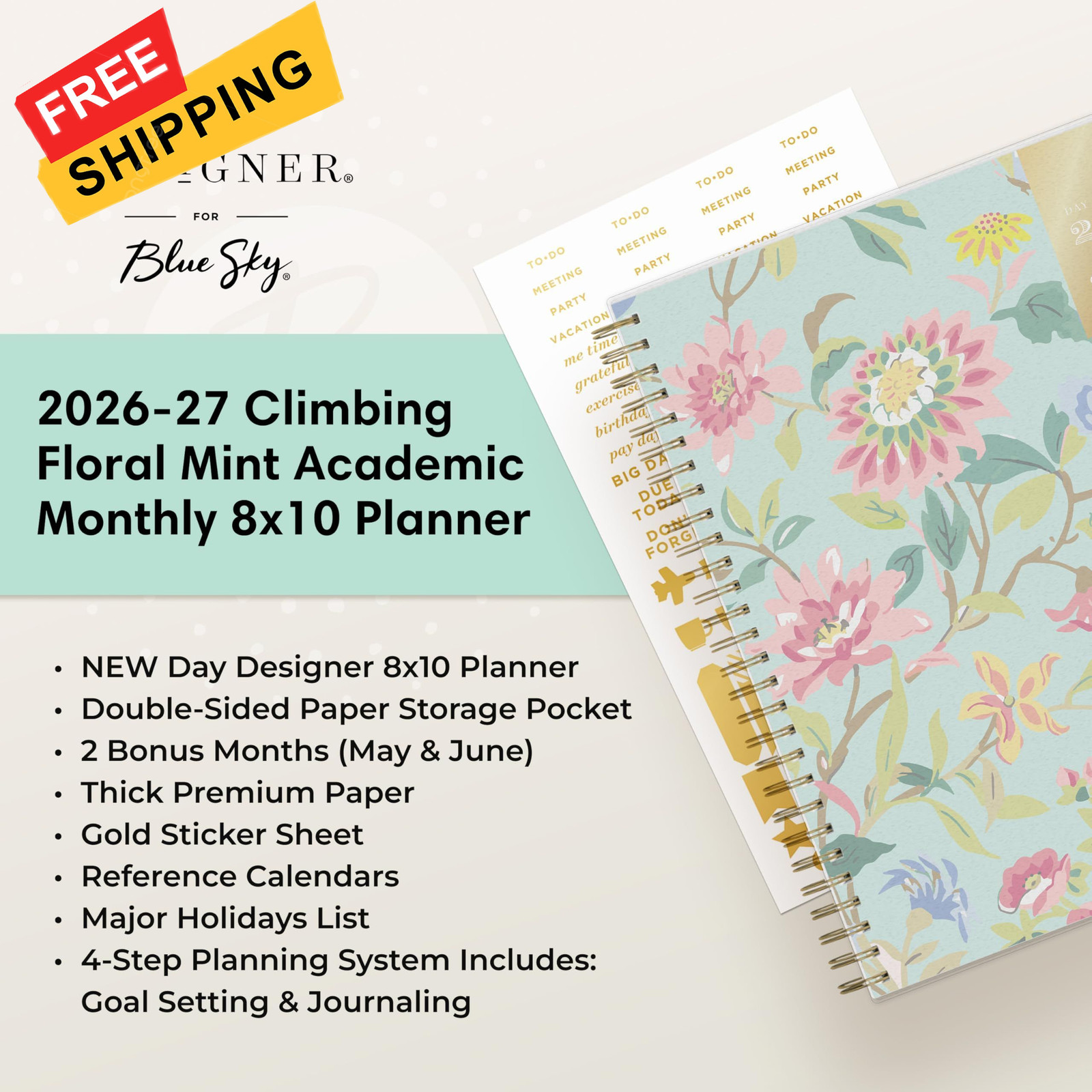 Blue Sky Day Designer 2026-2027 8″ x 10″, Climbing Floral Mint- 2026/2027