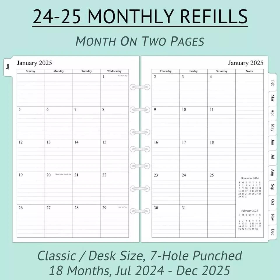 Monthly Planner Refill 5-1/2 x 8-1/2 Two Pages Per Classic/Size 4 2024-2025
