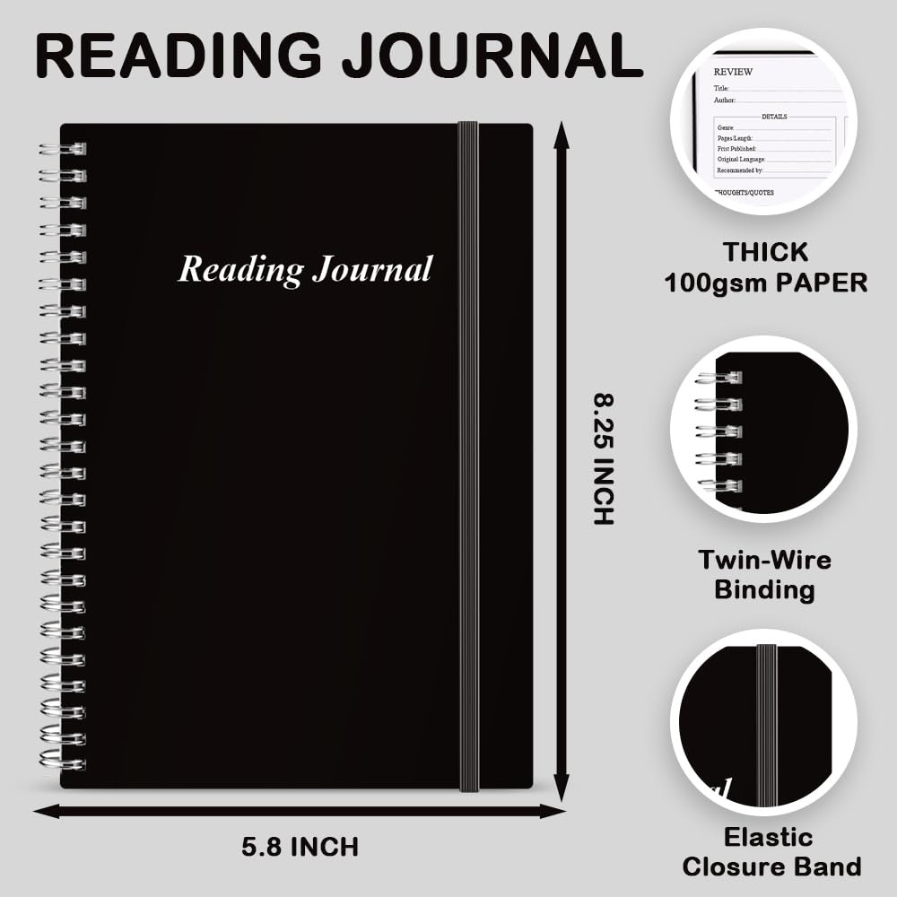 Black Reading Journal 72 Book Reviews Log Notebook Back Pocket 5.8×8.3 Inch
