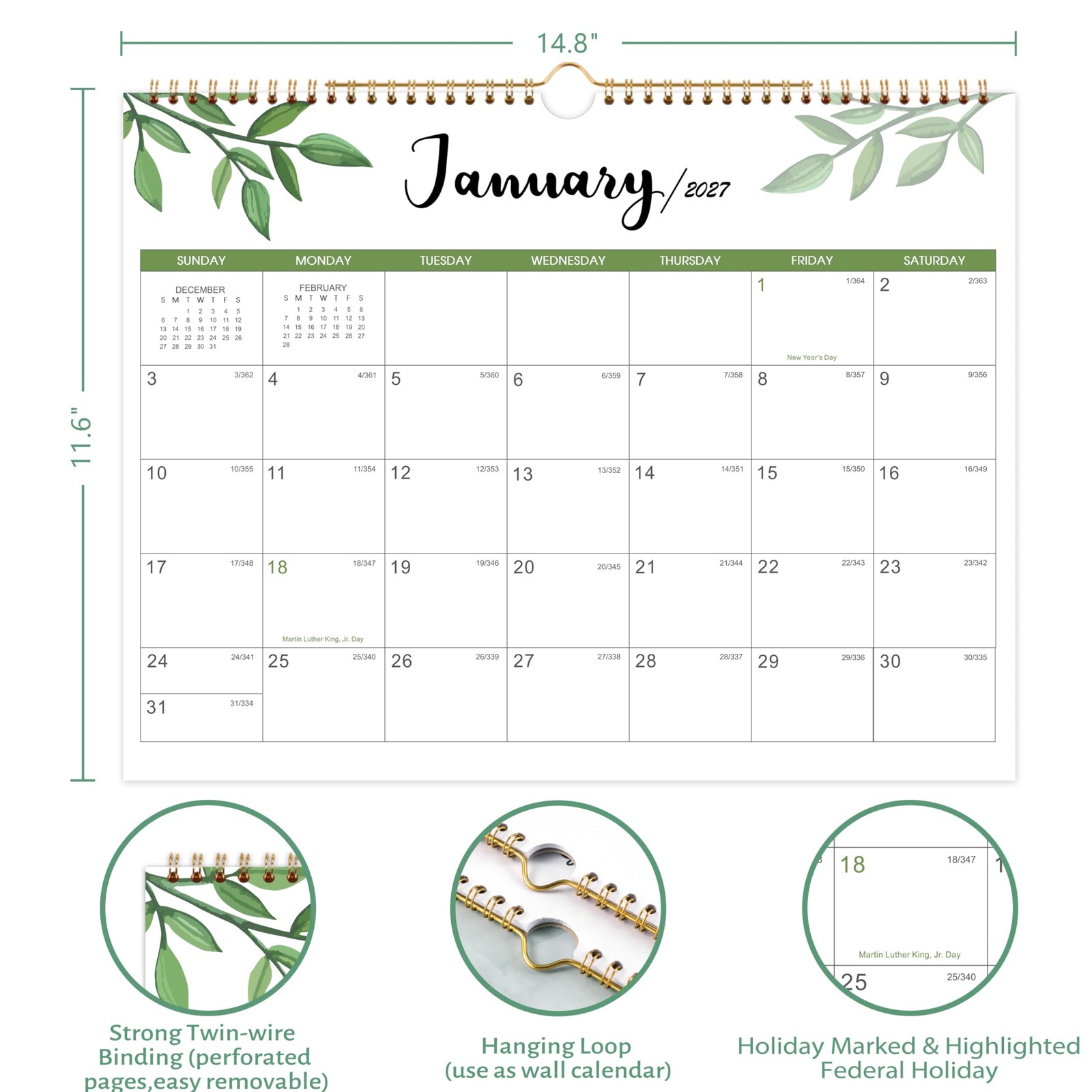Calendar 2026-2028, 2 Years Wall 14.8” x 11.5”（2026-2027）, Light Green