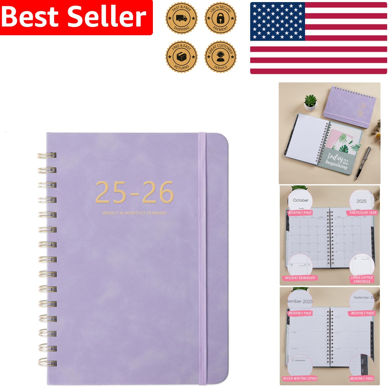 Academic Planner 2025-2026 Purple Faux Leather Weekly Monthly 6.4×8.5