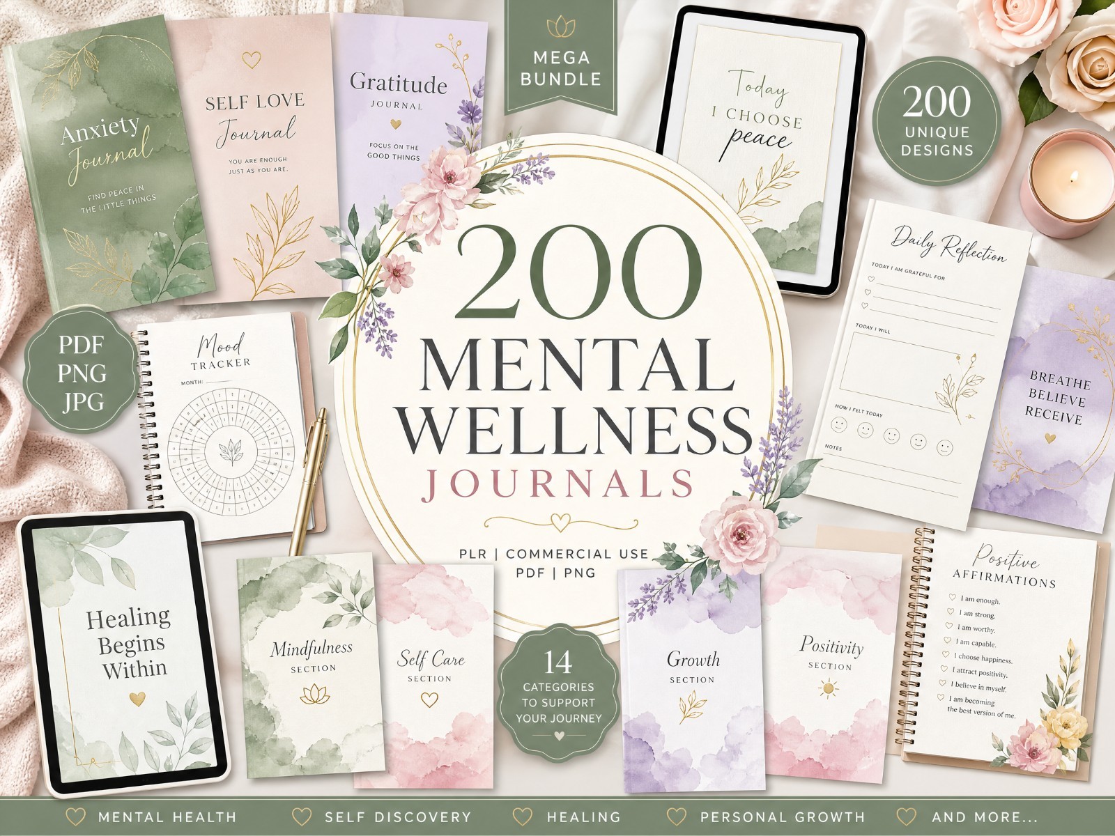 Mental Wellness Journals Mega Bundle (200) Printable & Digital Illustrated PDF