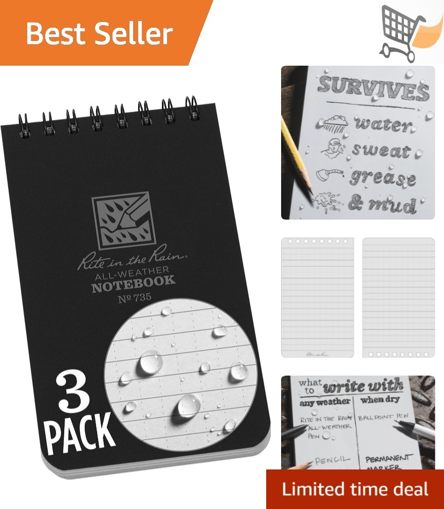 Weatherproof Spiral Notebook 3×5 Black Cover Waterproof Refillable 3 Pack