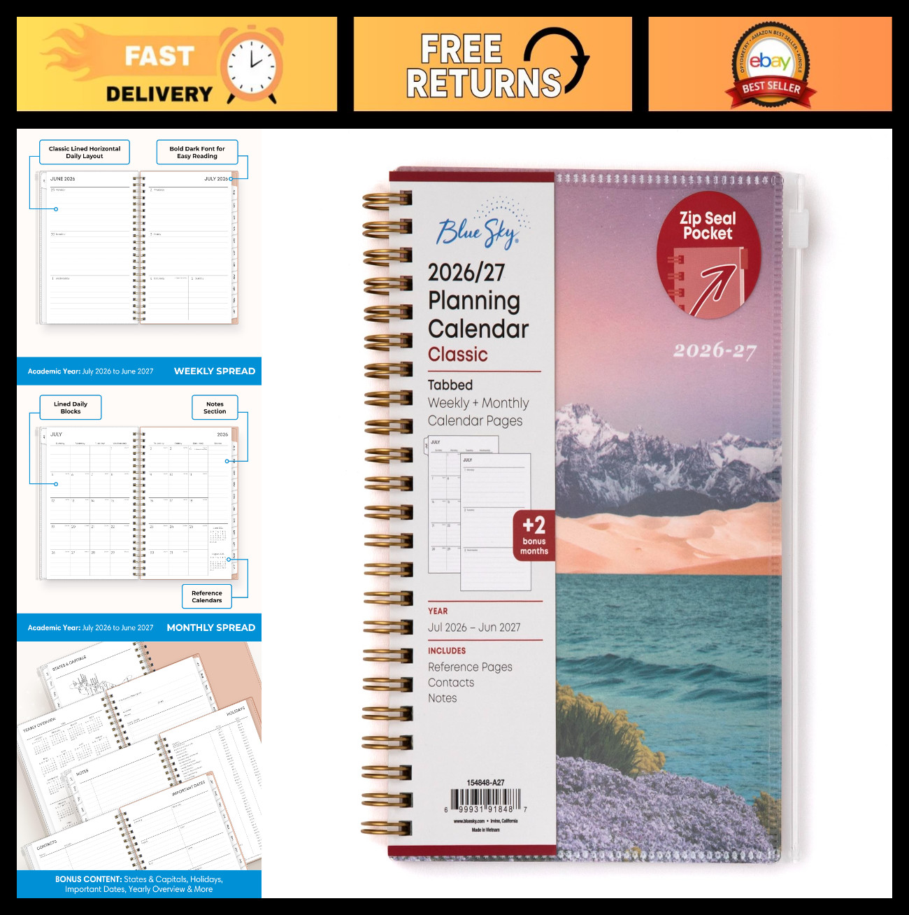 2026-2027 Academic Year Planner Calendar, Weekly & Monthly, 5″x8″, Zip Pouch, Wi