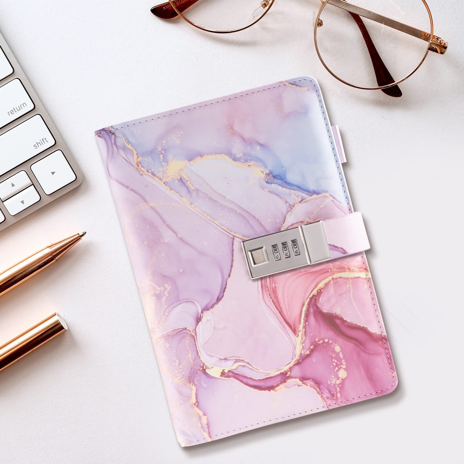 Marble Diary with Lock for Girls and Women, A5 Leather Locked Journal for Tee…