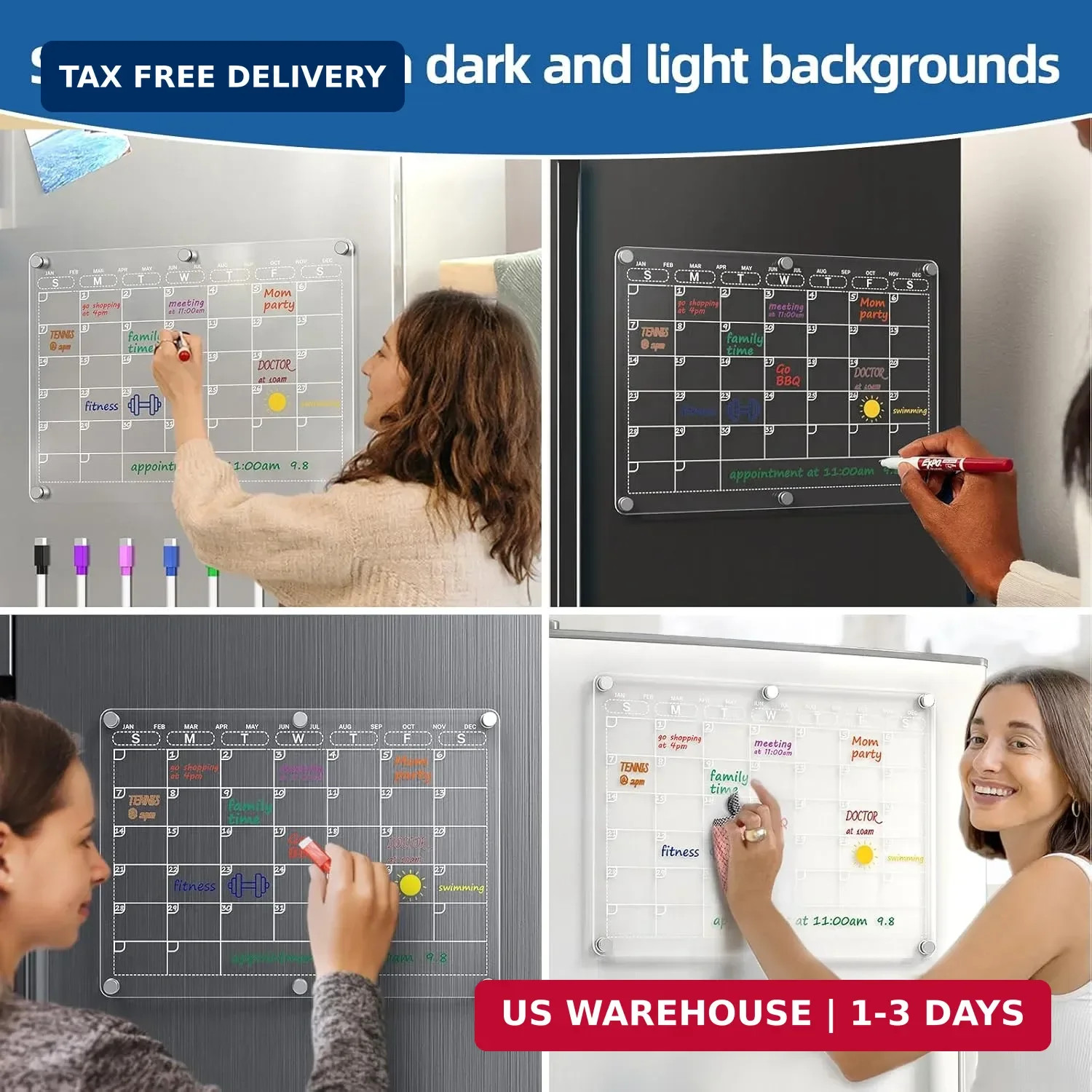 4 Pack Magnetic Calendar for Refrigerator, Clear Acrylic Calendar for Fridge wit