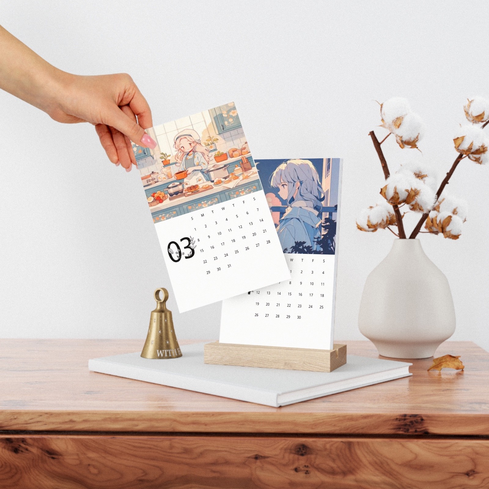 Kawaii Anime Girl Living Alone 2026 Desk Calendar, Wood Stand Vertical Calendar