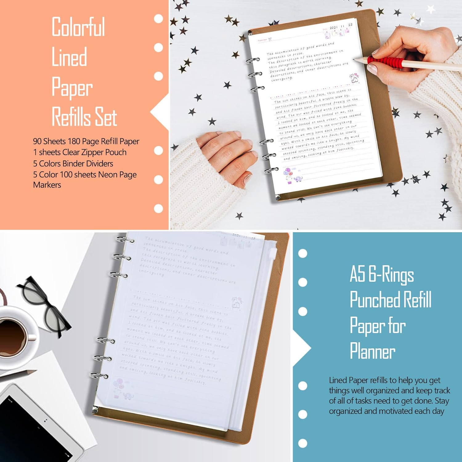 A5 Refill Line Paper, Colorful 6-Rings Binder Papers Refill, Notebook Inserts R