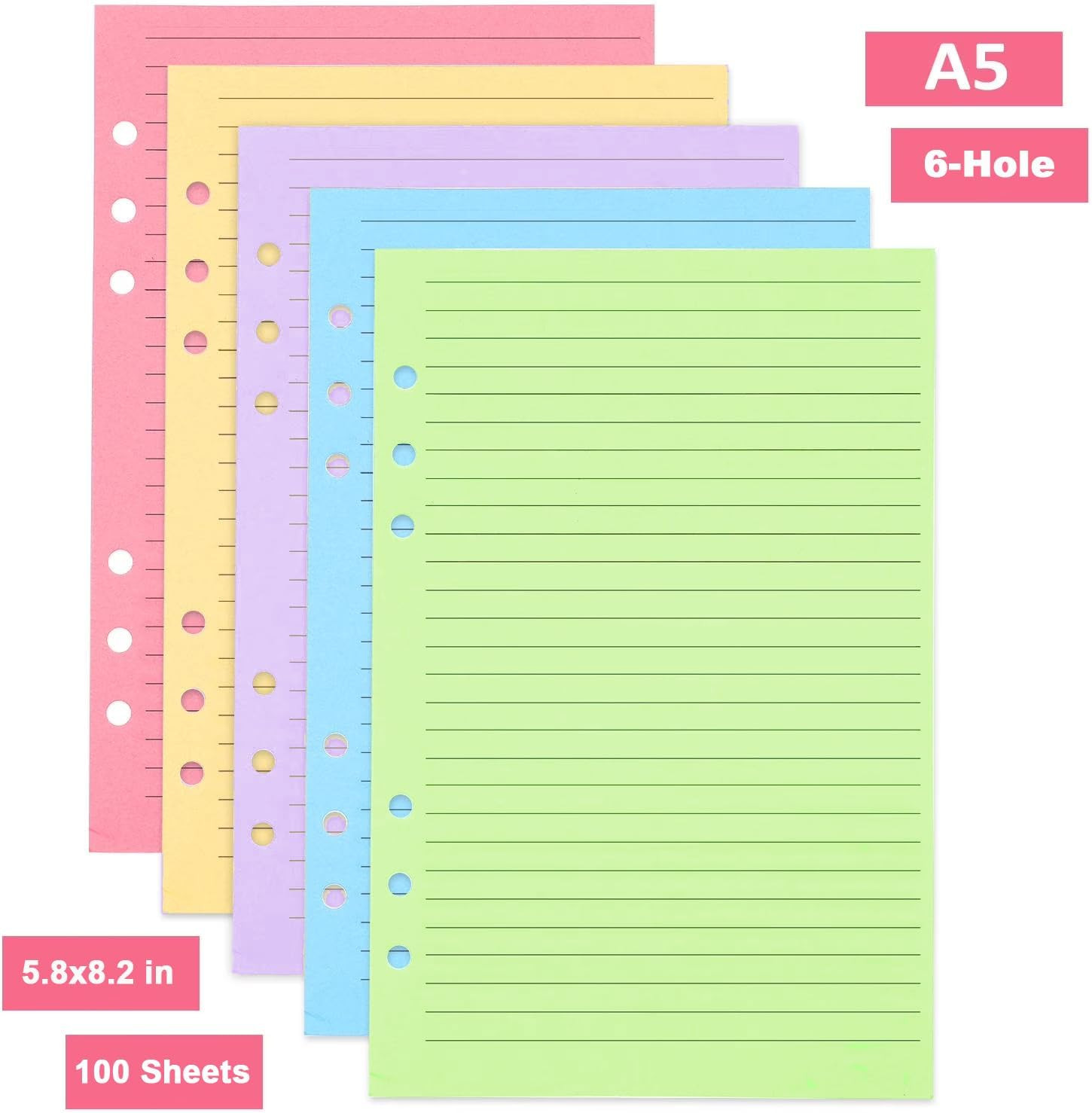 A5 Filler Paper, 6 Hole Colorful Refills, Lined Paper for 6 Ring Binder, 100 She