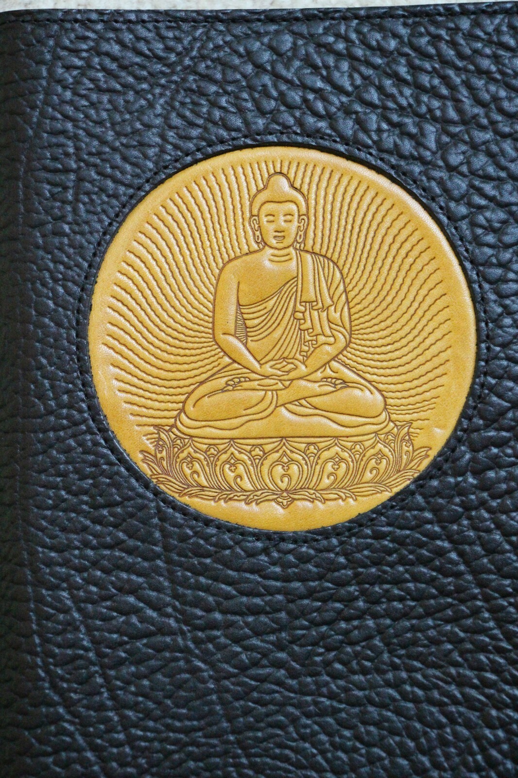 Oberon Design Leather Journal Cover 6″ x 9″ BUDDHA Icon in Black/Marigold
