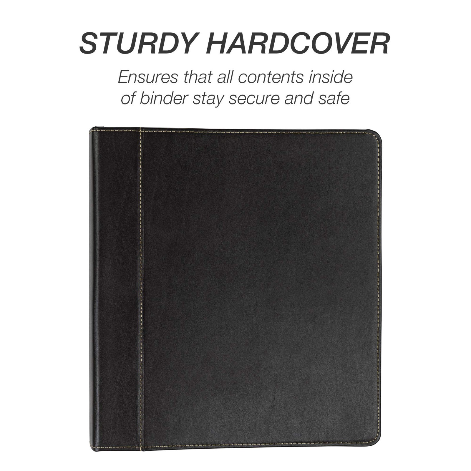 Leather 1-Inch 3-Ring Binder, Black with Contrast Stitching, 8.5×11″ Organizer,
