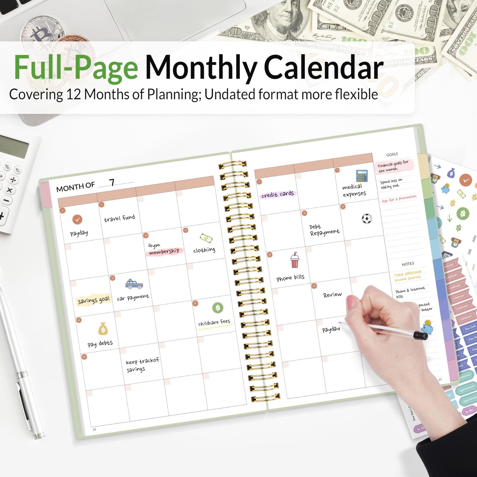 SUNEE Budget Planner – Monthly Book with 6.4″ x 8.3″, Sage Green
