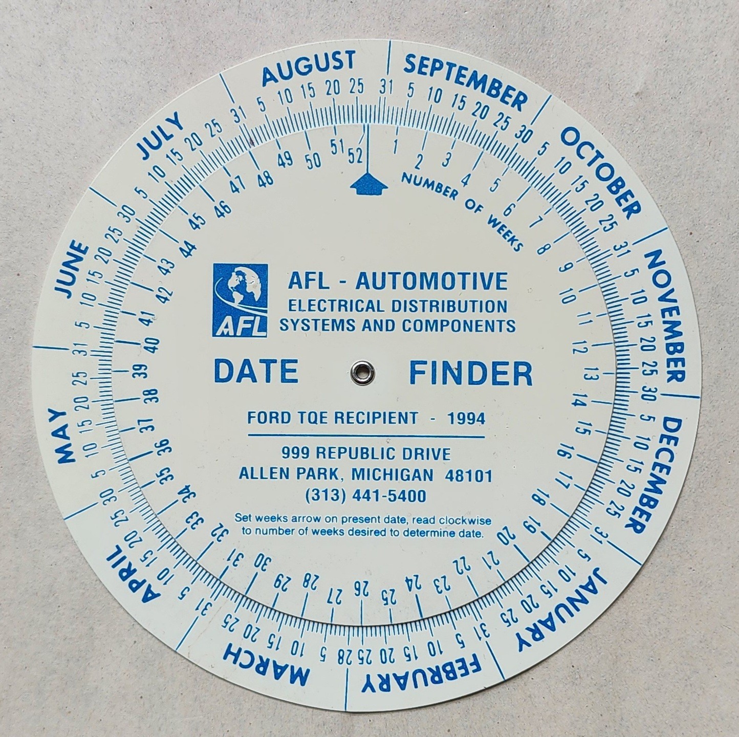 Vintage AFL Automotive Date Finder Wheel Perpetual Calendar Calculator 4” 1994