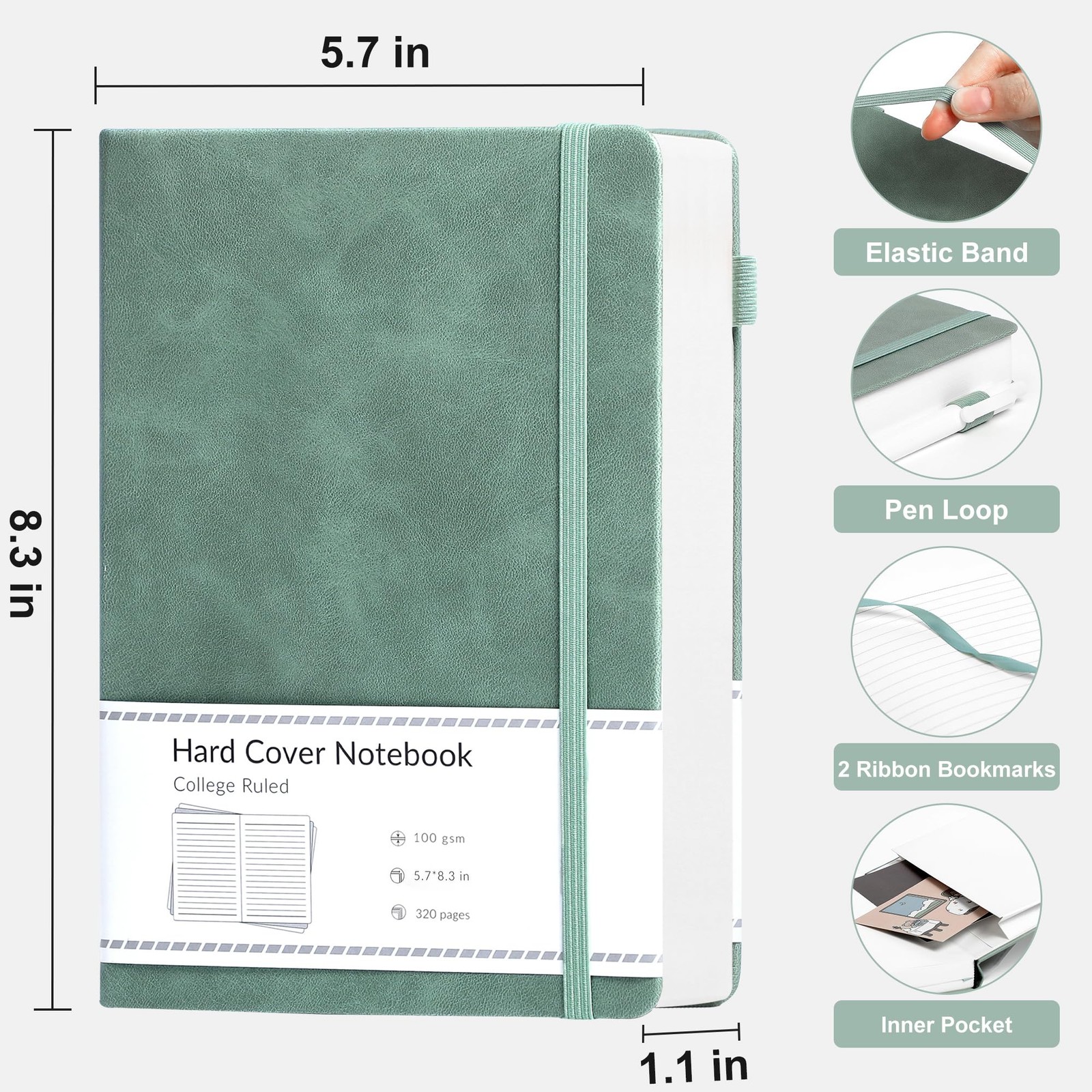 CAGIE Lined Journal Notebook for Women Men 320 Pages 100 Gsm Paper A5, Green