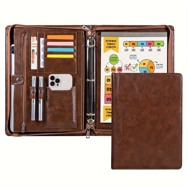 Leather Zippered Padfolio Binder – 3-Ring Business Portfolio Organizer