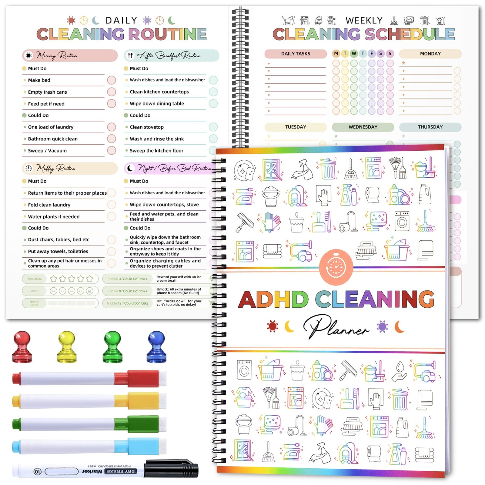 Adhd Cleaning Planner – Reusable Planners for A5, multicolour