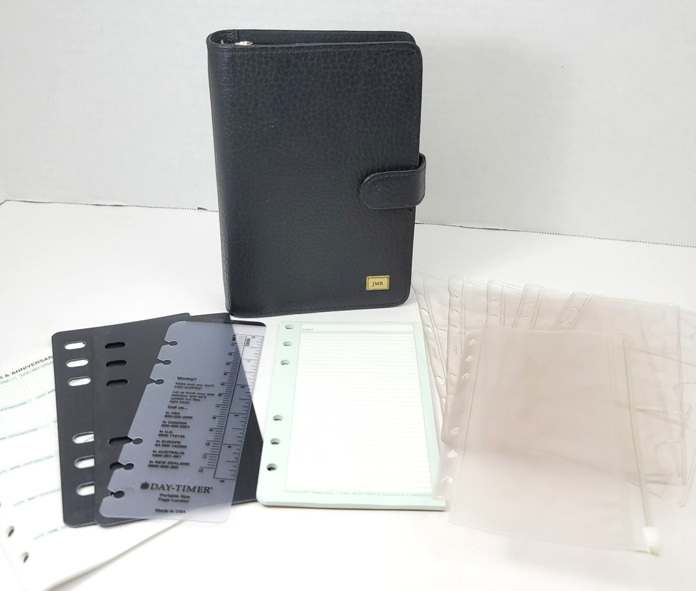 Vtg Day-Timer Black Leather Planner 6 Ring Binder Portable Size Snap Pages Pouch