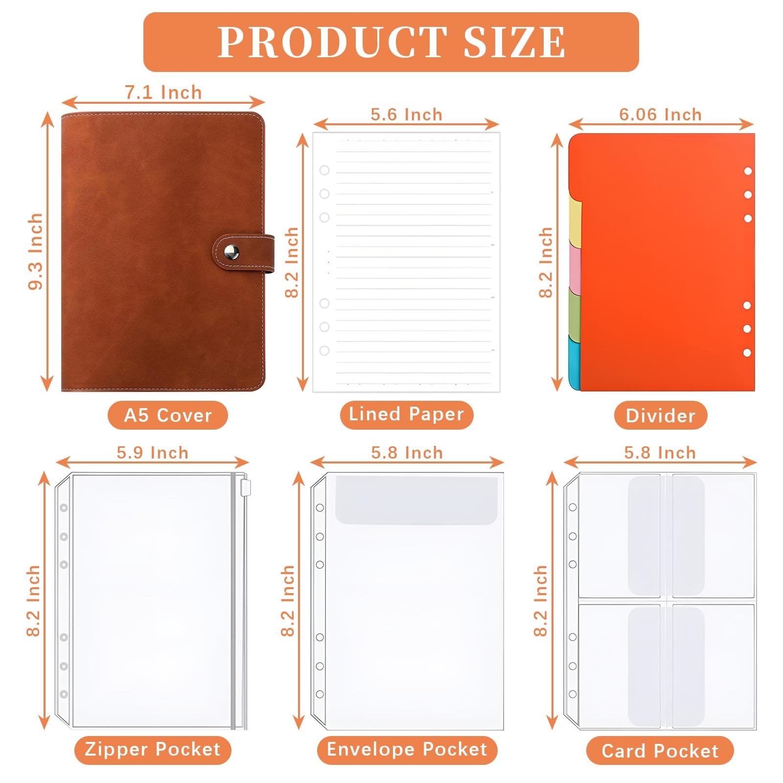 Acuxiaza A5 Binder 6 Ring Refillable Planner Notebook, PU Leather Brown