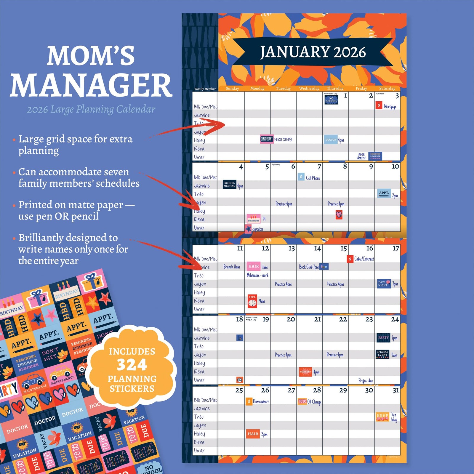 TF Publishing 2026 Mom’s Manager Wall Calendar – Large Grids for Wall, Multi