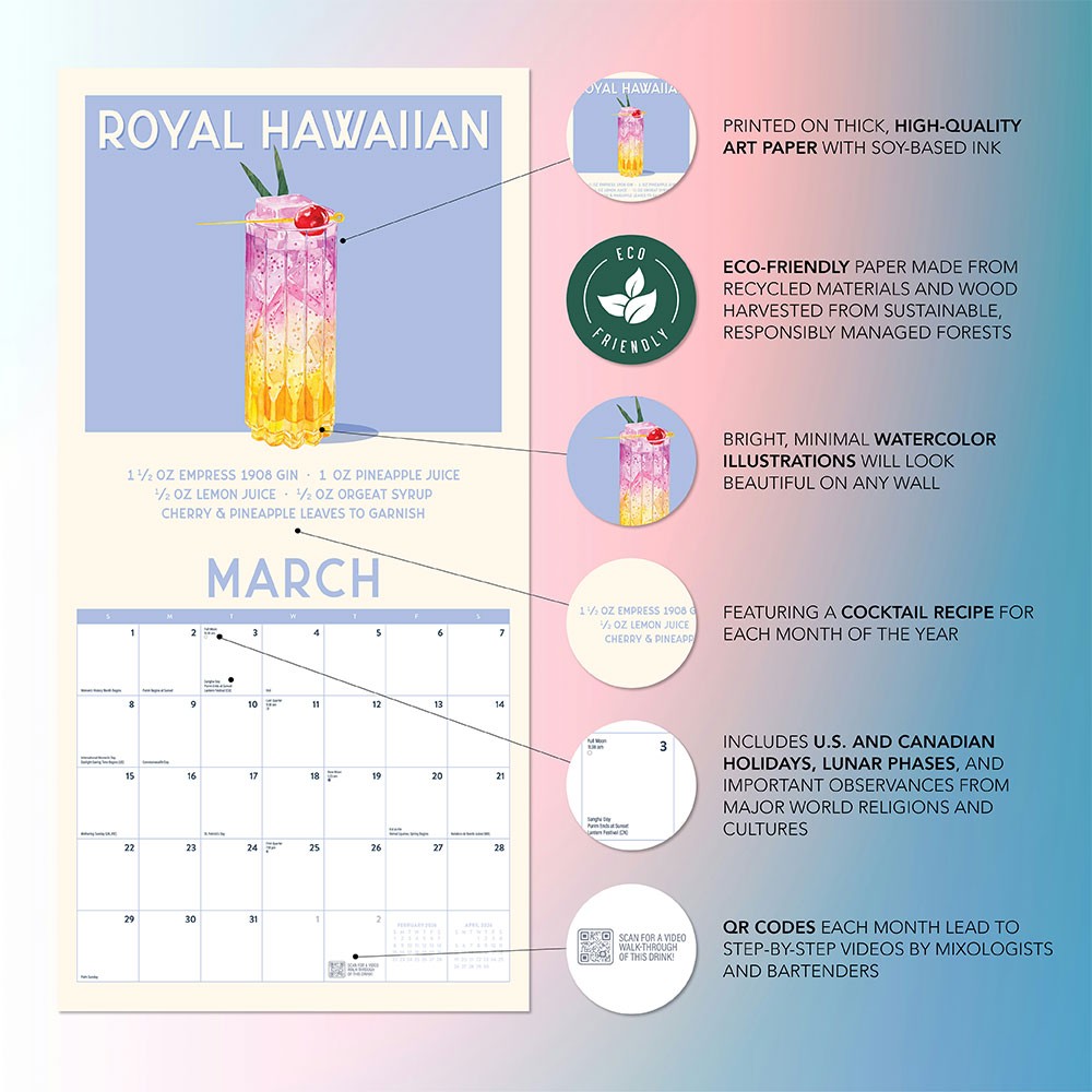 Cocktails Calendar 2026 | 12″ x 24″ 12 Month Calendar | Marble City Press