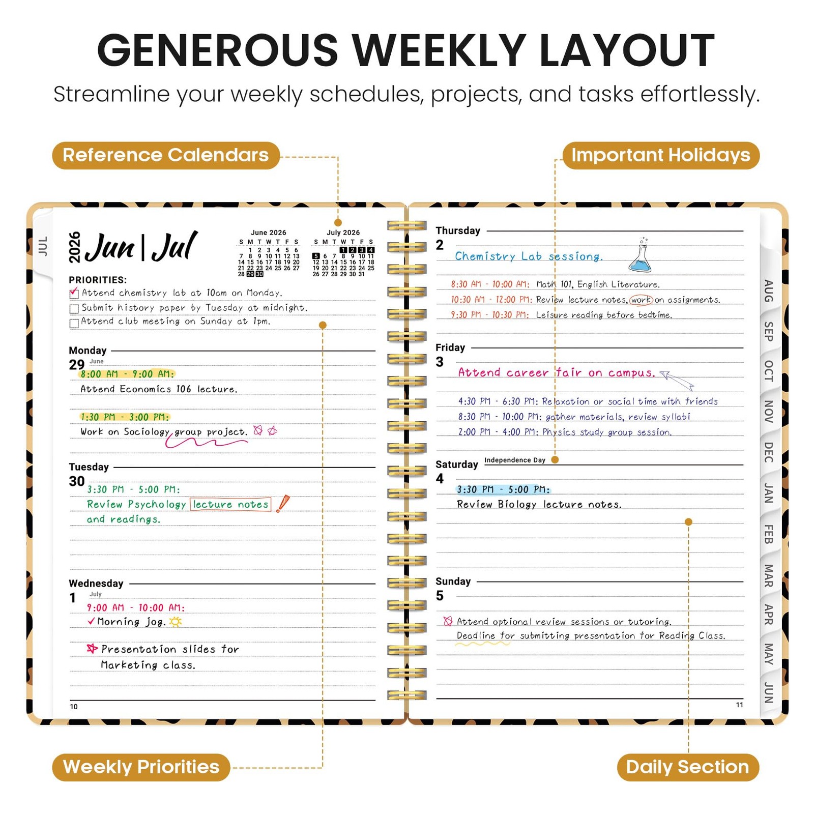Planner 2026–2027, Weekly & Monthly Academic (6.3″x8.5″)a5, A-Leopard