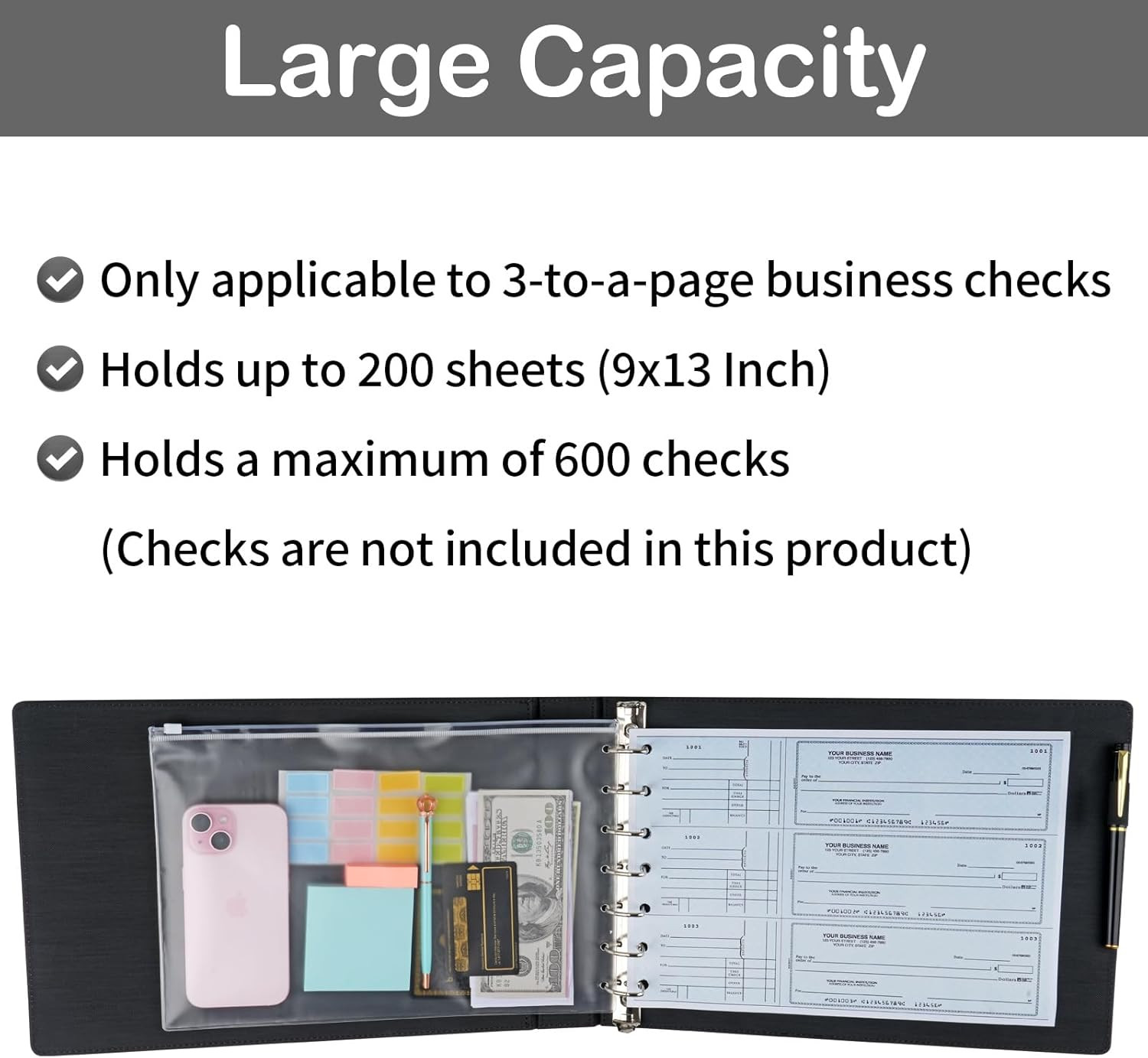 Professional Check Binder 7 Ring PU Leather 3 on a Page Business Checks w/Zipper