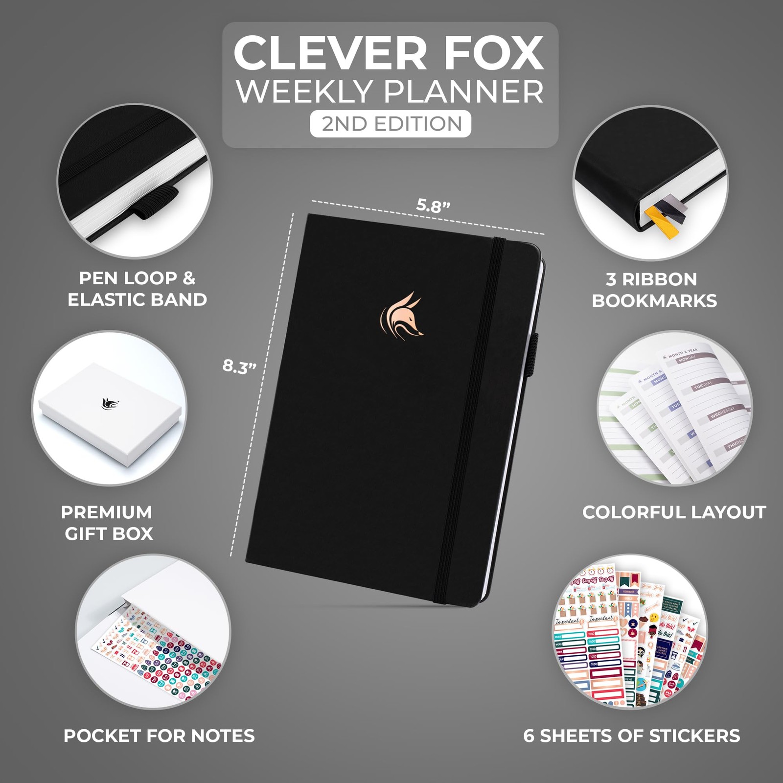 Clever Fox Planner 2nd Edition – Colorful A5 (5.8” x 8.3”) Lay-Flat, Black