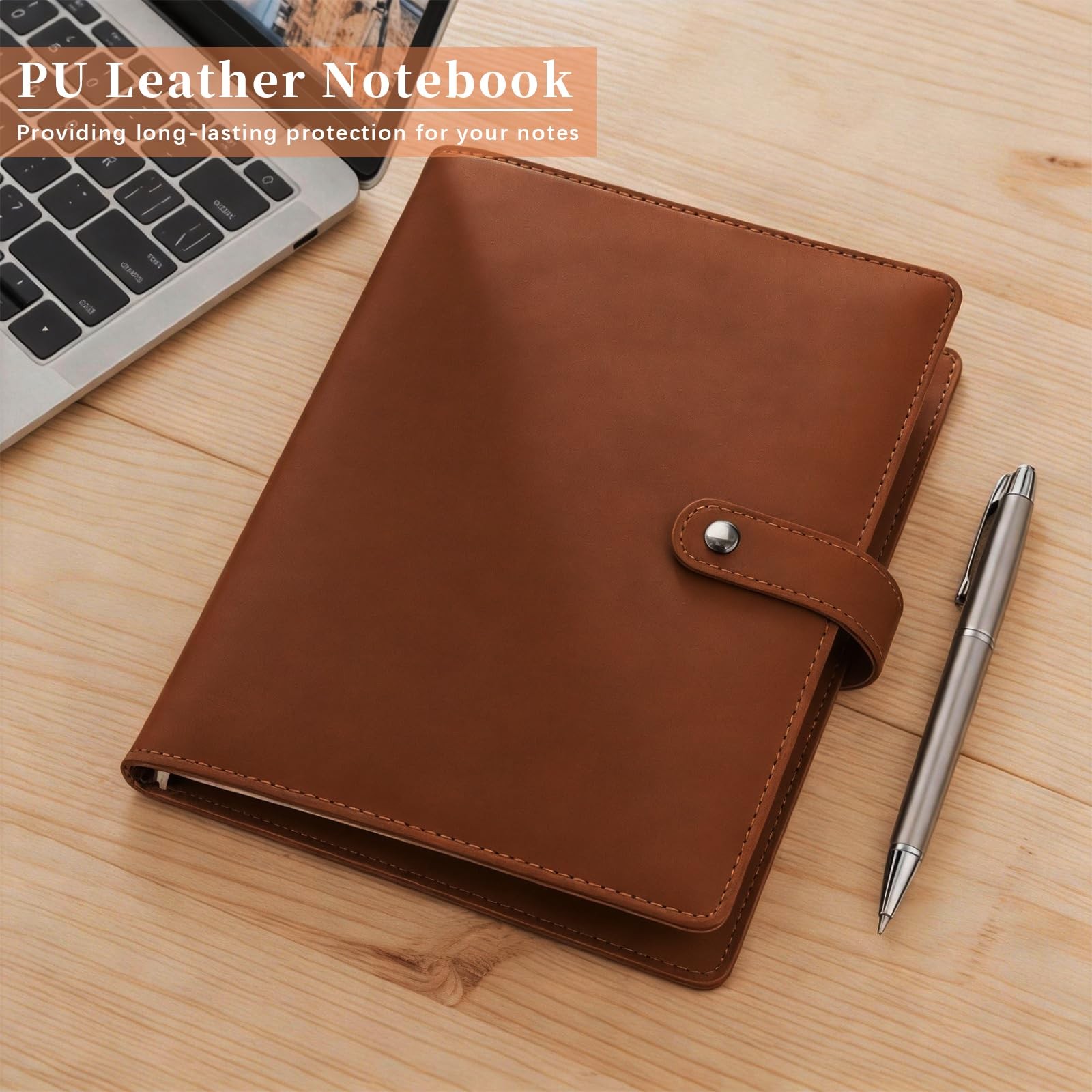 Acuxiaza A5 Binder 6 Ring Refillable Planner Notebook, PU Leather Brown