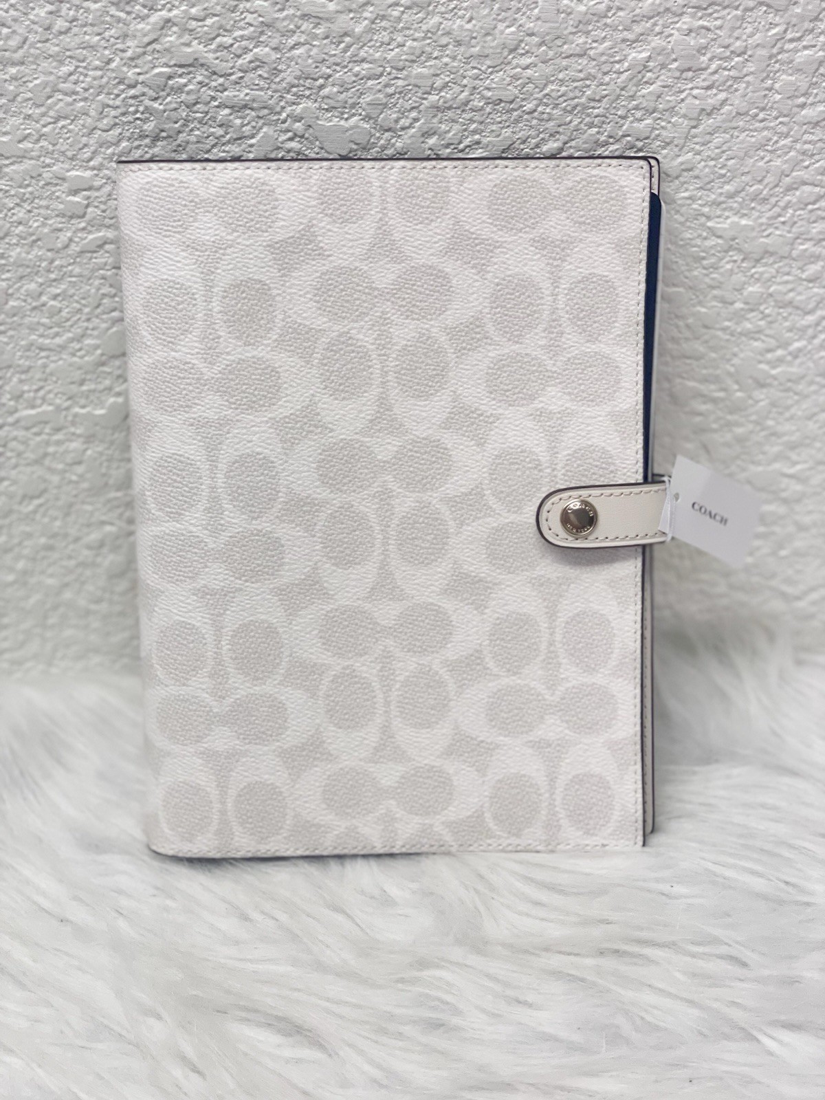 Coach Notebook in Signature Canvas Print Silver/White chalk Leather NWT CZ198