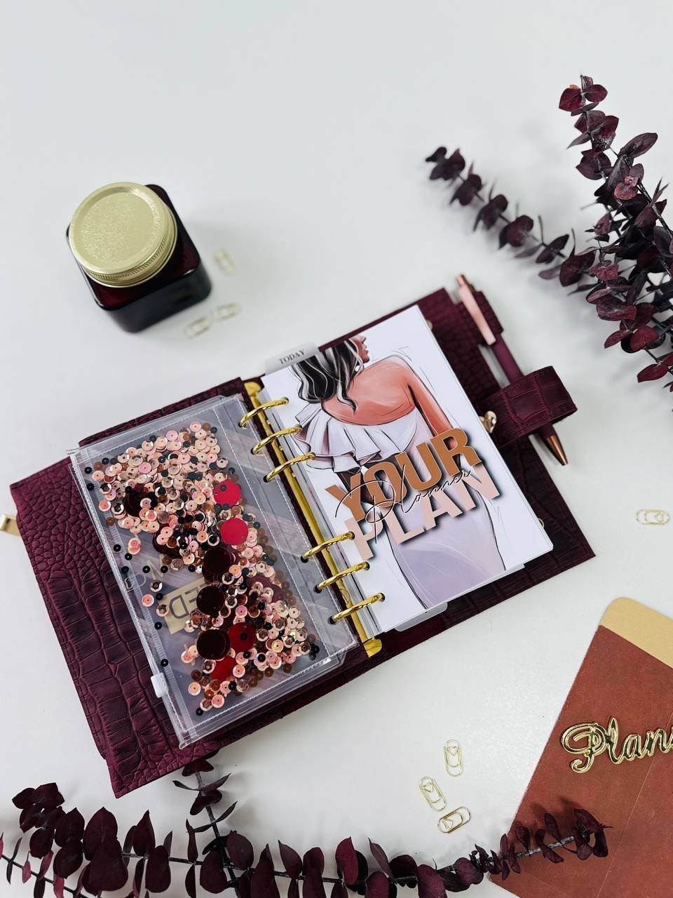 Burgundy A6 leather notebook cover binder 6-Rings. Dated planner gift for her.