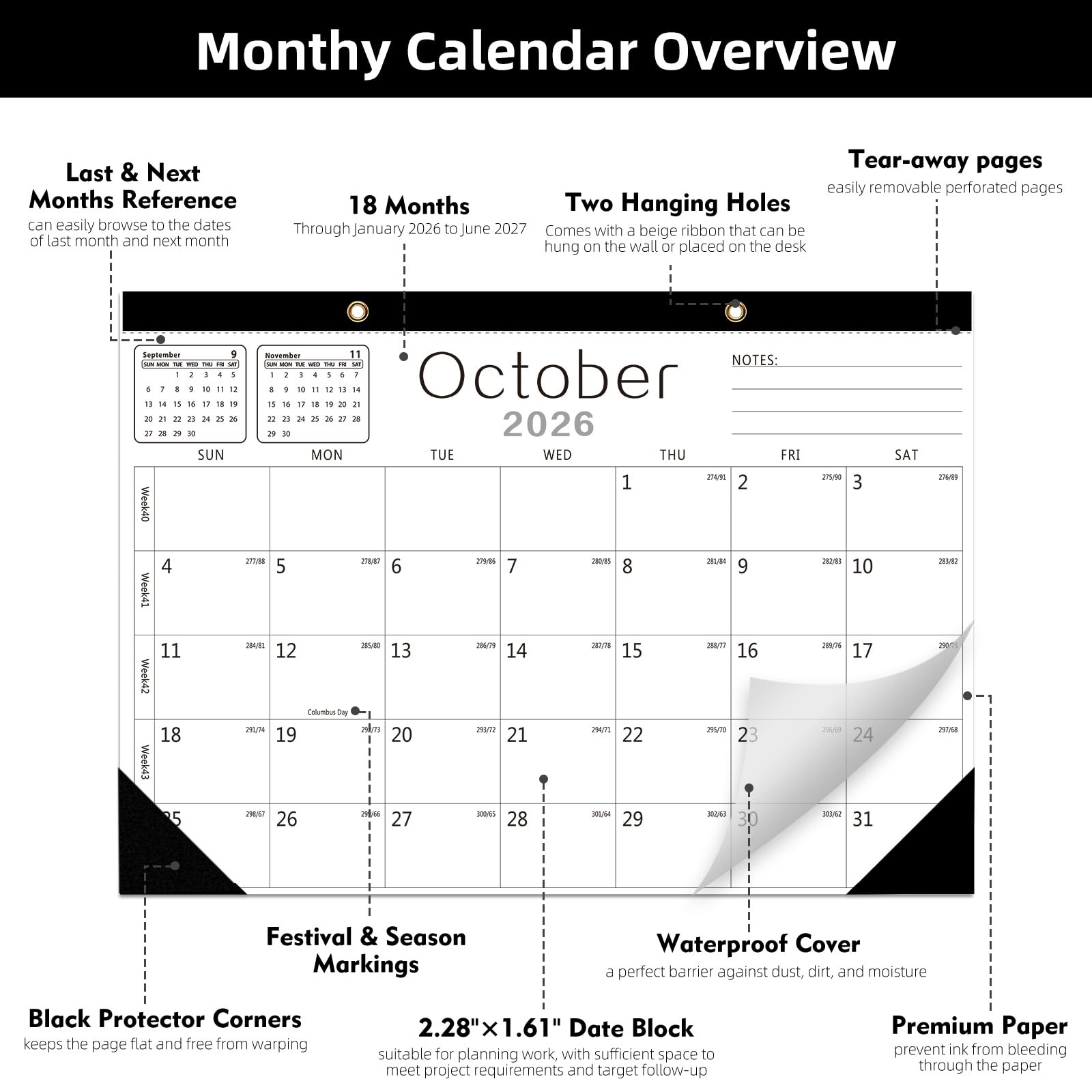 Wall Calendar -Desk 2026-2027 from Jan. White(Jan.2026 to Jun.2027)