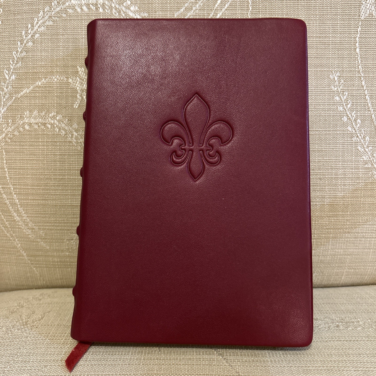 NEW Red Embossed Leather Lined Journal 6 x 9” Fleur-de-lis, Silver Edged Pages