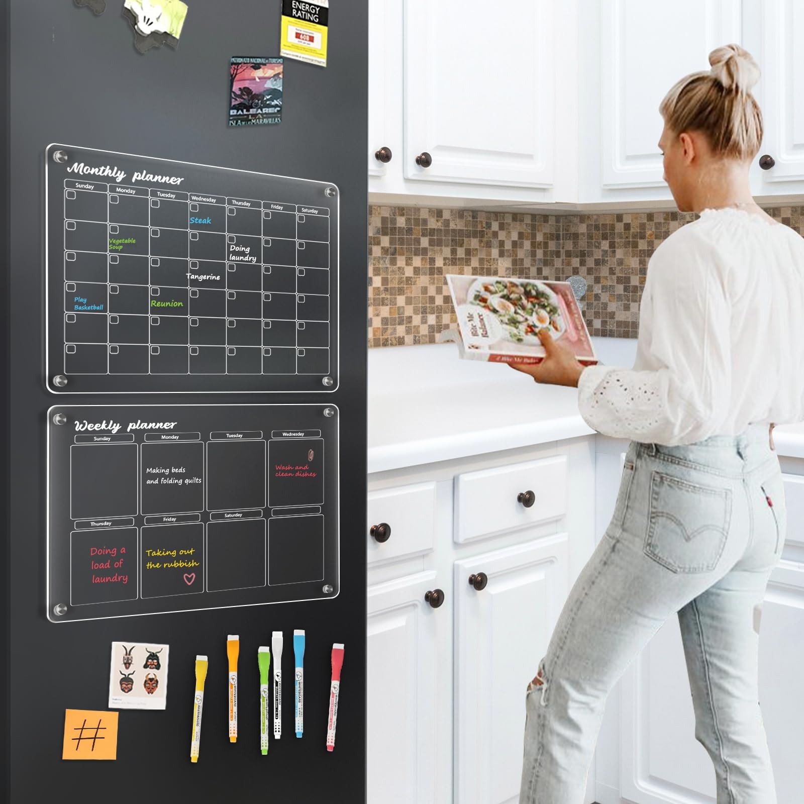WALGLASS Acrylic Calendar for Fridge, Monthly 12″ x 16″, + Clear Set