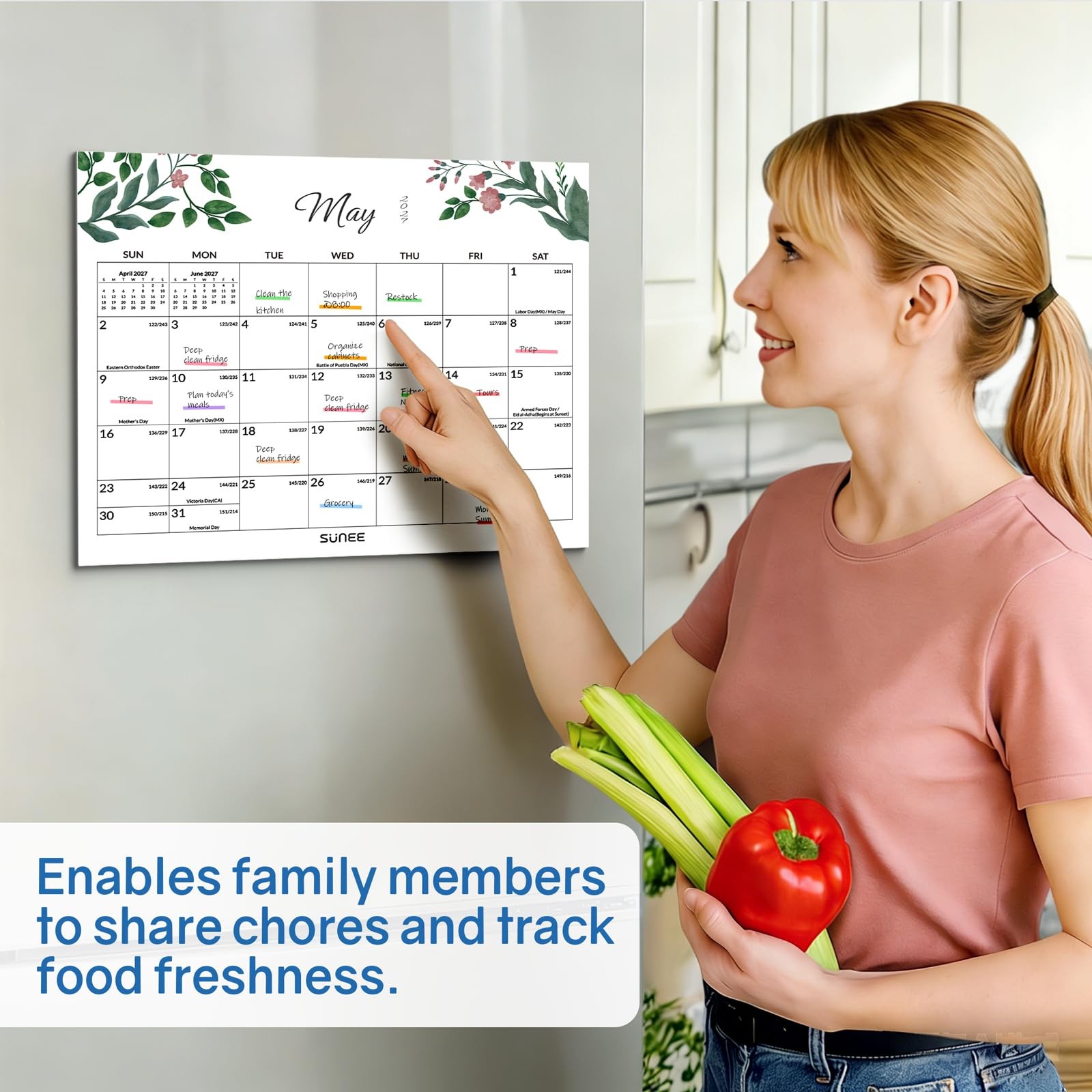 SUNEE Fridge Calendar 2026-2027 from July 2026 to March 2028, Greenery