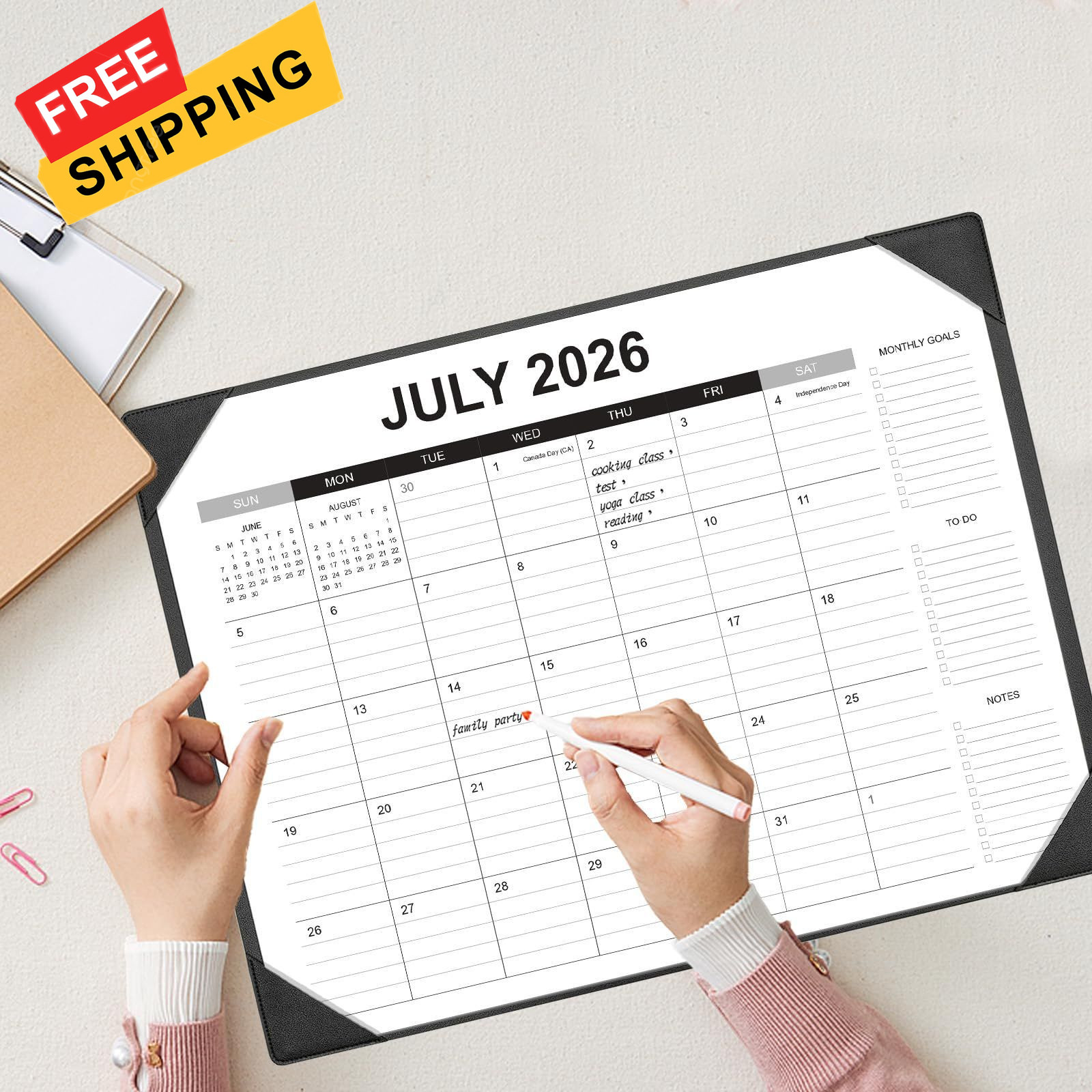 Desk Calendar 2026-2027 with Mat – 22″ x 17″ Large Pad Black