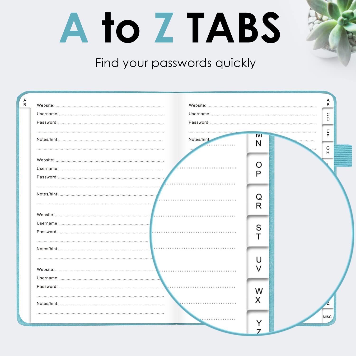 Elegant Password Book with Alphabetical Medium (5.2 x 7.6 Inch), Turquoise
