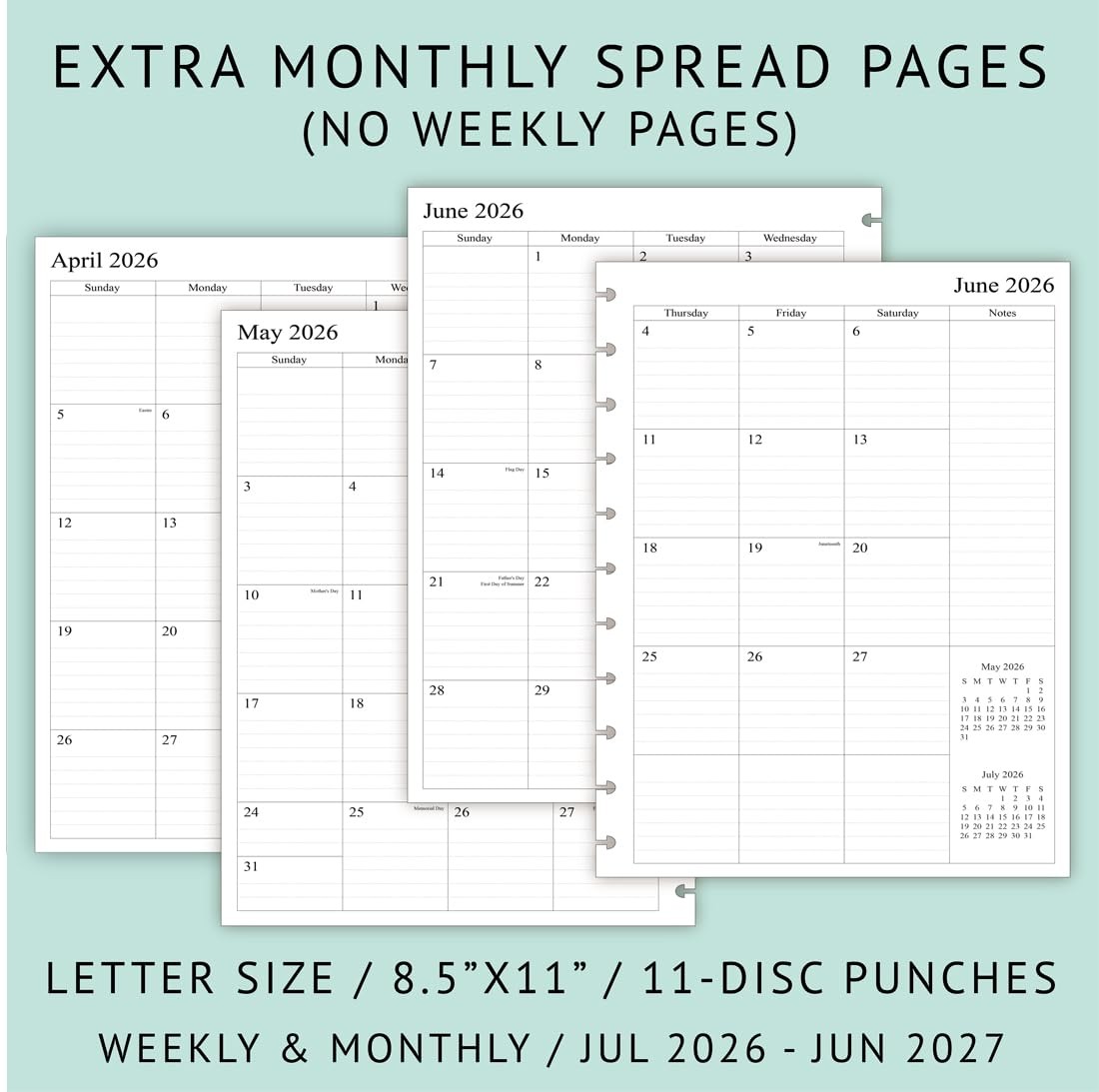 2026-2027 Weekly Planner Refills for Letter Size – 8.5″x11″, White