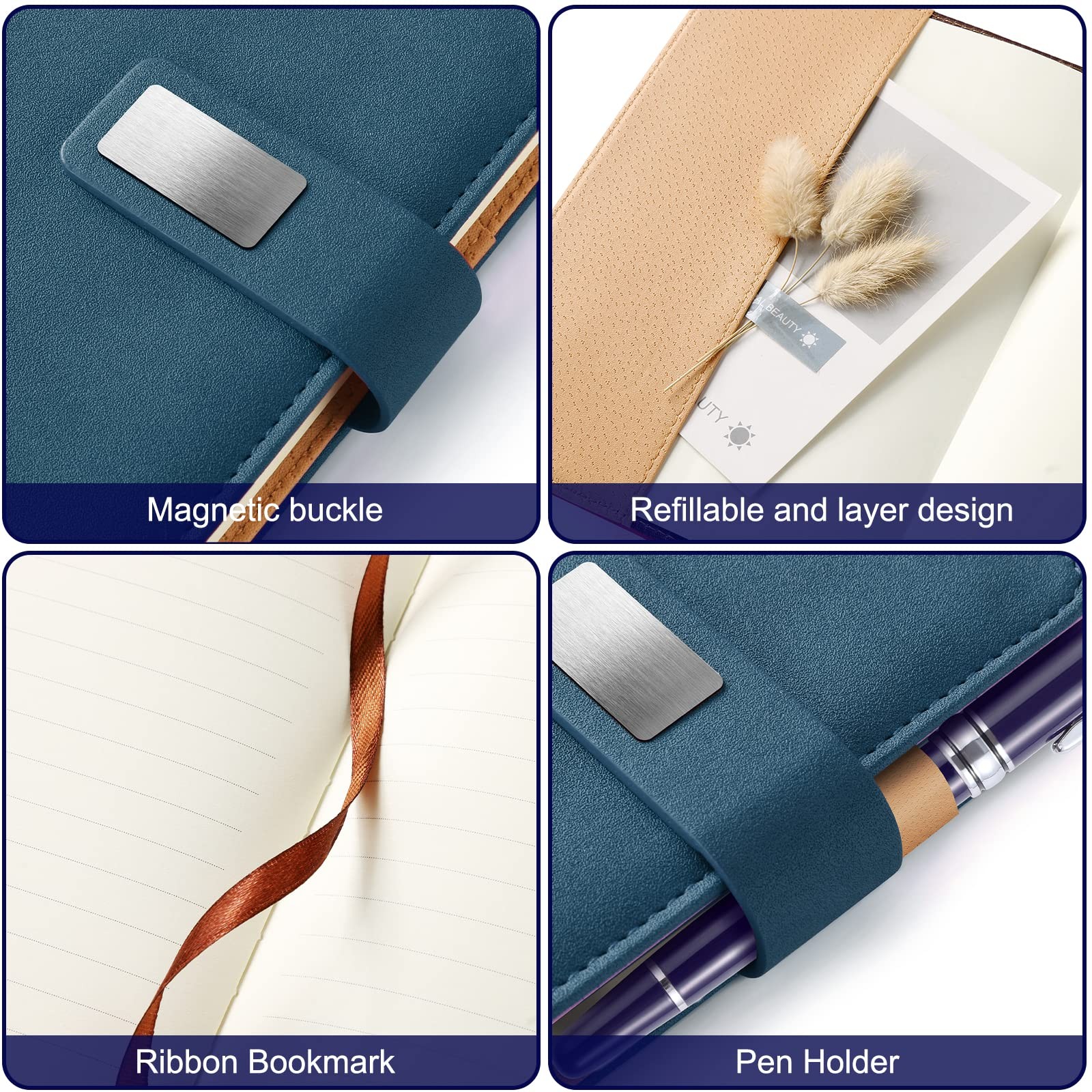 A5 Lined Leather Journal with Pen, 240 Pages Paper, Navy blue
