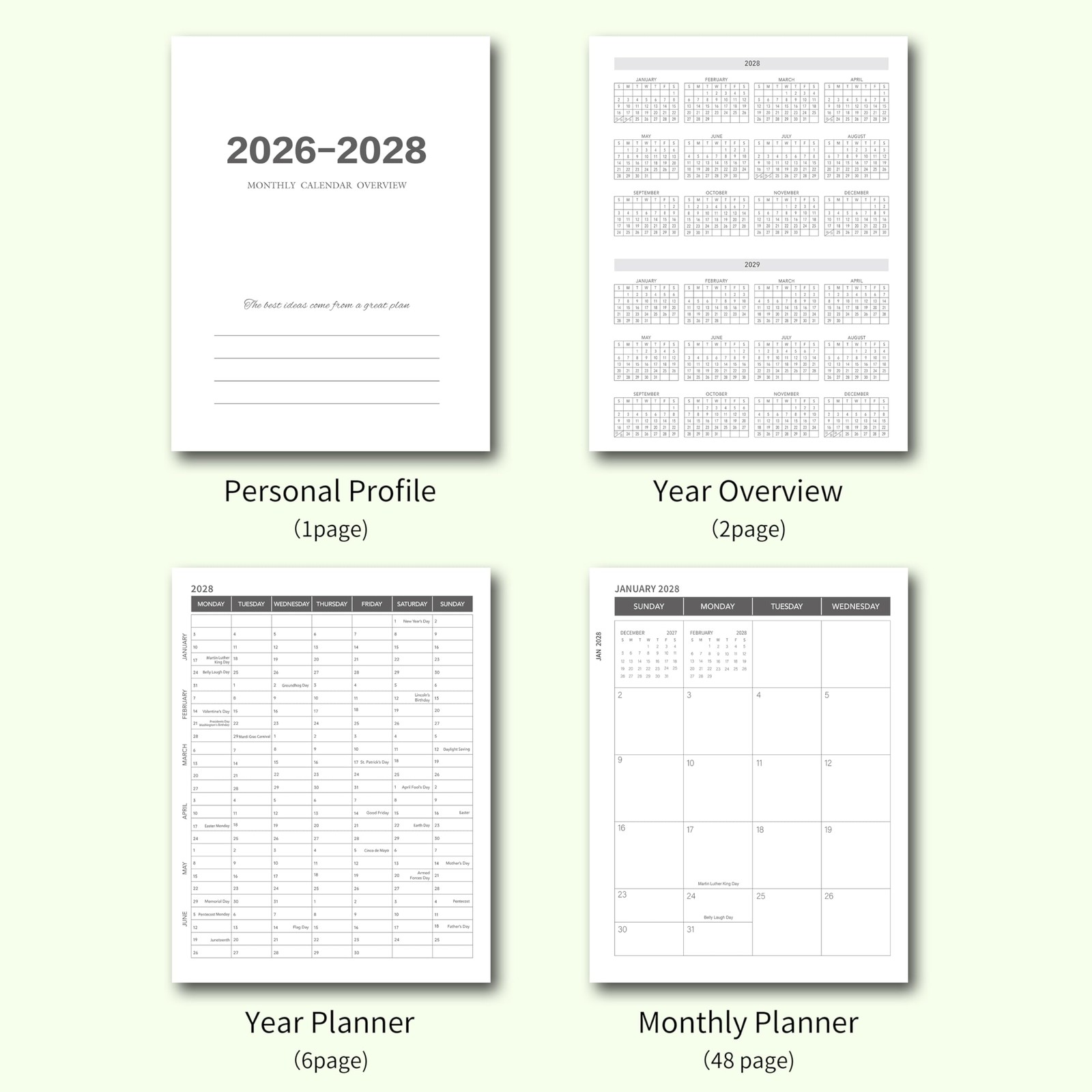 Monthly Planner 2026-2028, 36-Month Calendar, A4 Jan 2026-Dec 2028, Green