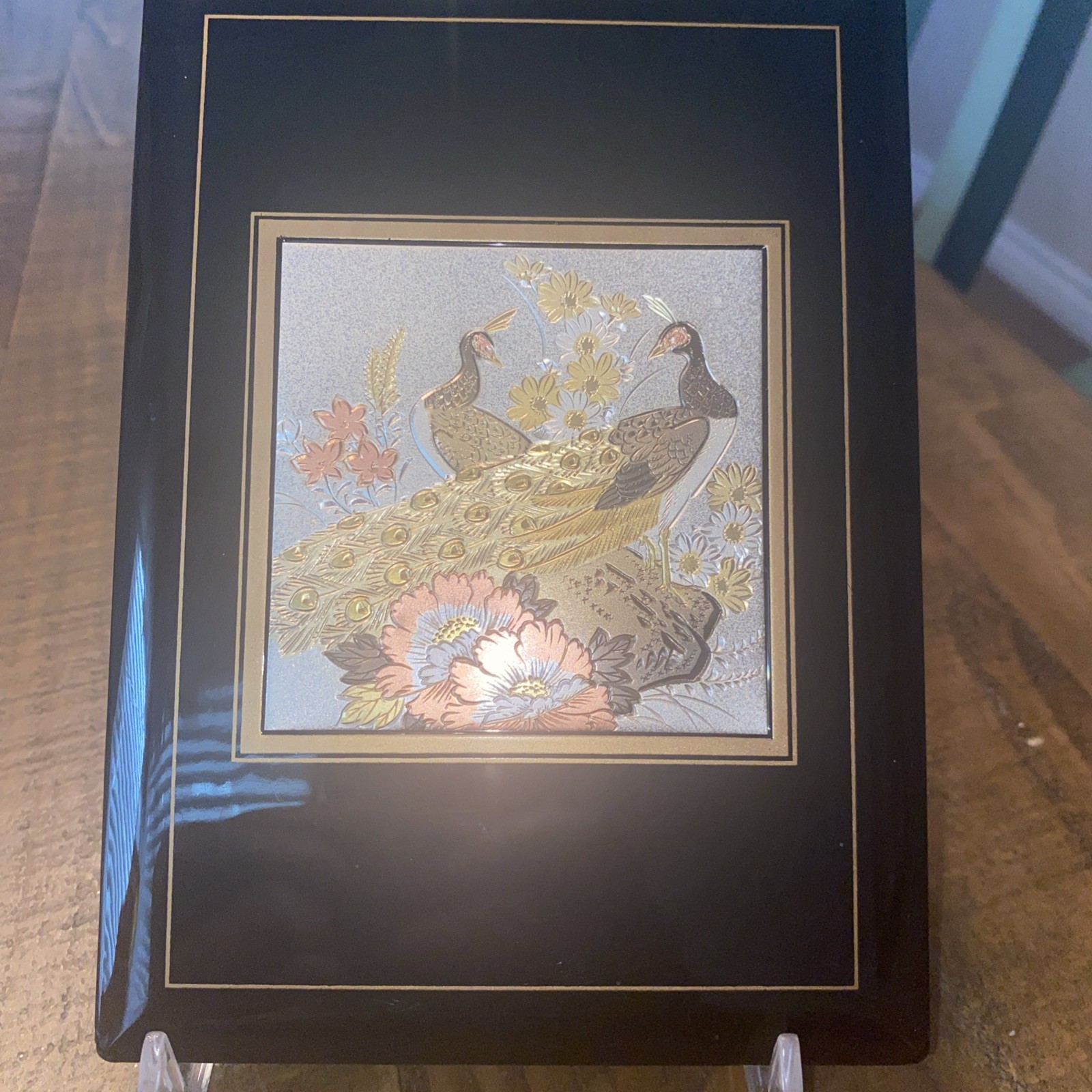 Black Lacquered Address Book Multi Colored Flowers And Peacocks 7 x 5″ Unused