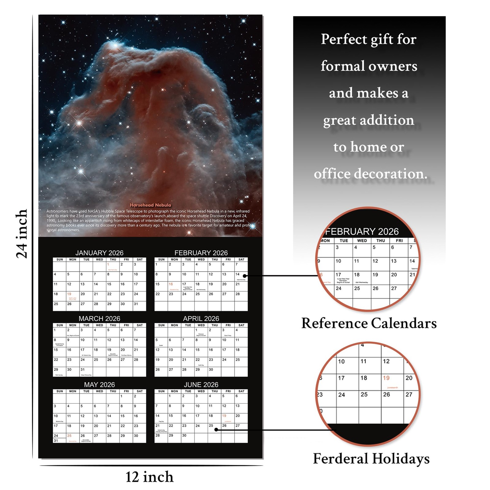 2026-2027 Wall Calendar – Hubble Telescope 12″ x 24″, Dark