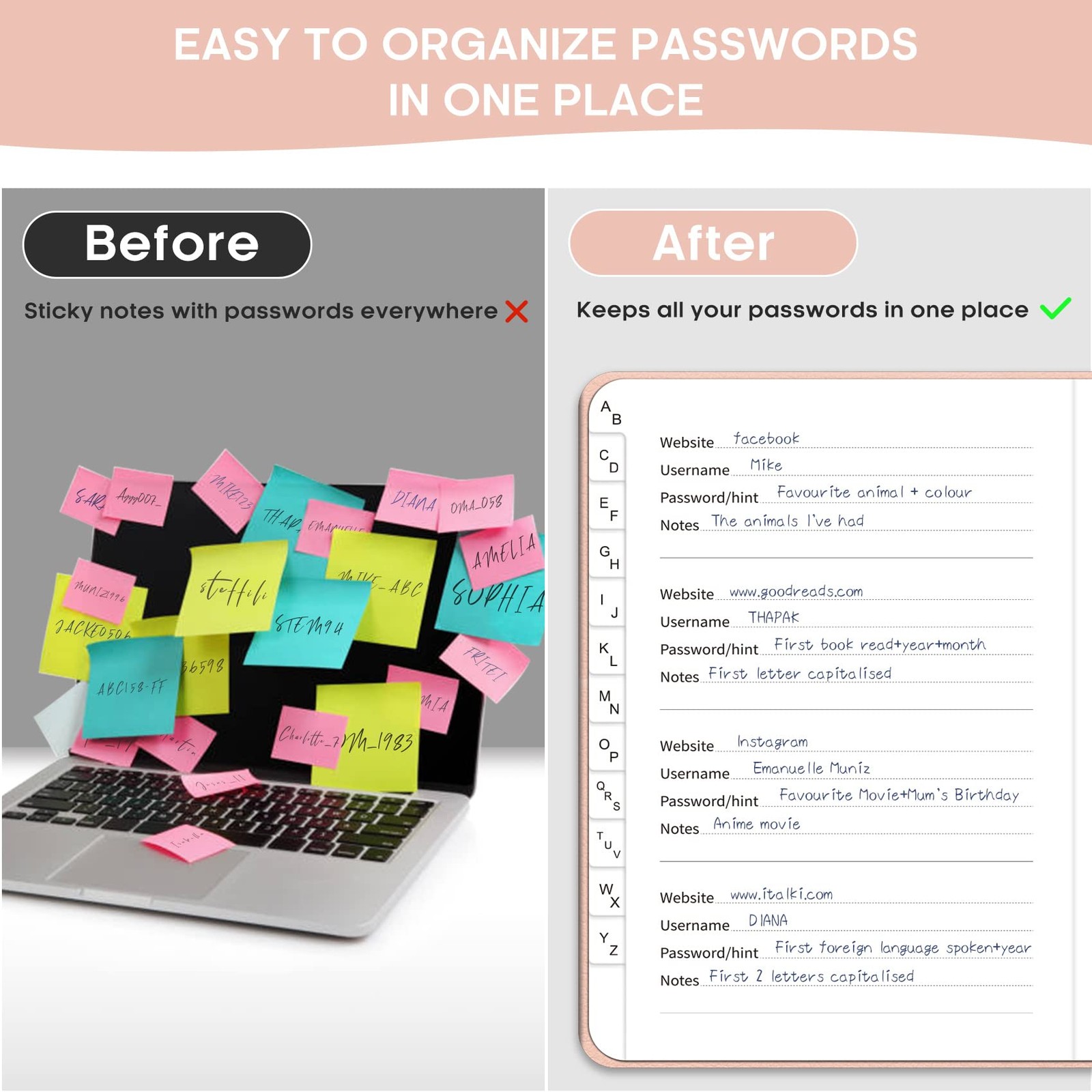Password Keeper Book with Alphabetical Tabs，Small Password Books for Seniors, Pa