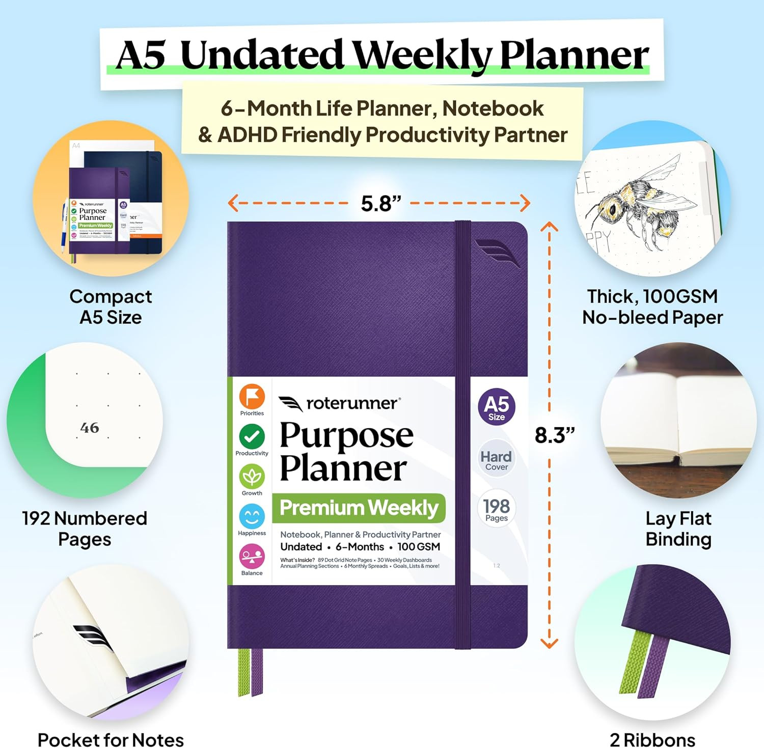 Purpose Planner Notebook A5 5.8”x8.3” Undated 2026 Daily Weekly and Monthly Prod