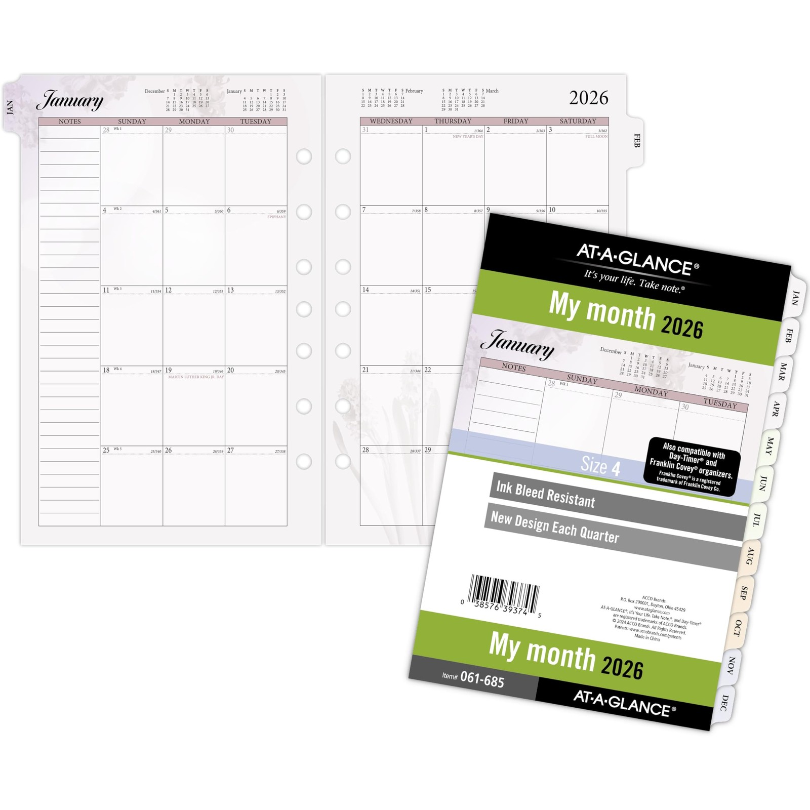 2026 Planner Refill, Monthly, 5-1/2″ x 8-1/2″, Desk Size 4, Loose-Leaf, Unrul…