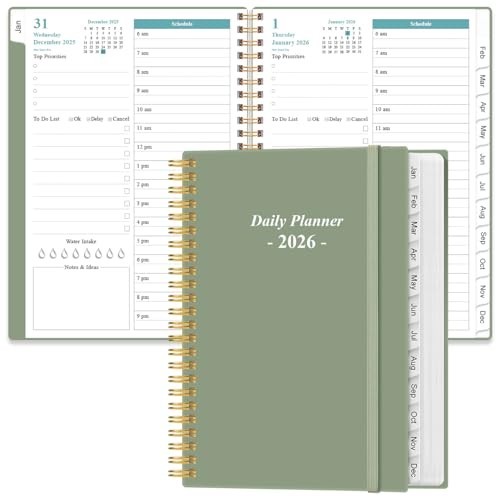 2026 Daily Planner – Full Page Per Day, Monthly Tabs, 6.4″x8.5″, Green, Jan-Dec