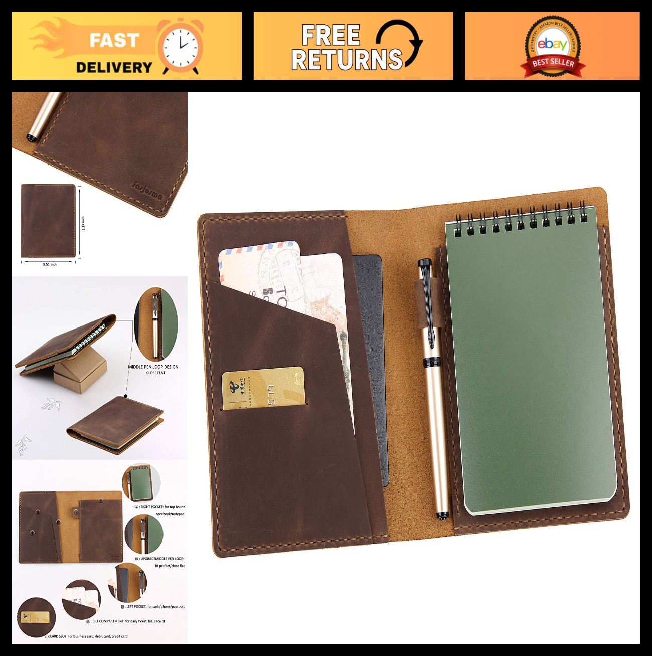 Leather Notebook Cover for 4″x6″ Top Bound Spiral Notepad, Pen Holder, Brown