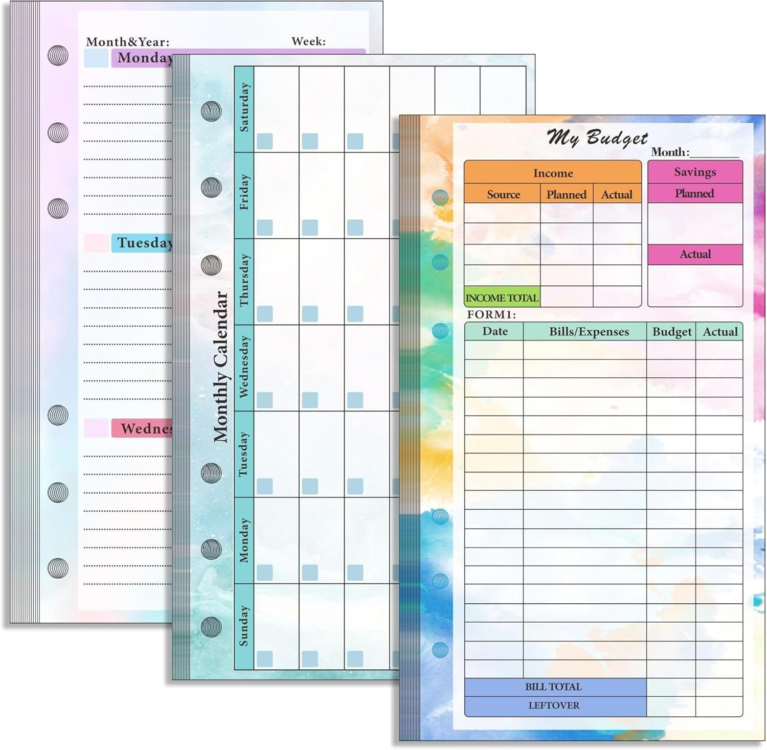 3 Pack A6 Planner Refill Paper & Budget Sheets, Monthly Weekly Planner Losse Lea