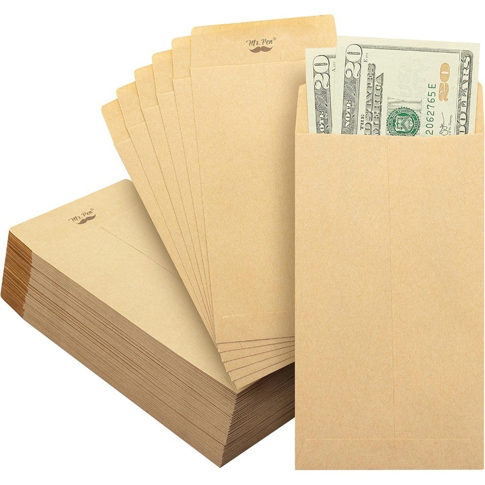Cash Envelopes 6.5 x 3.5 Inch, 100-Pack Kraft Paper Self-Adhesive Budgeting